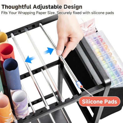 Aquzee Gift Wrapping Paper Organizer - Vertical Storage Cart with 9 Adjustable Rods & Ribbon Holders - Black
