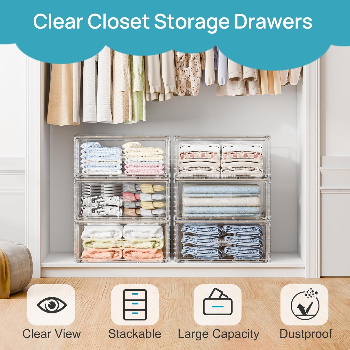 Vtopmart Large Clear Stackable Storage Drawers - 27QT Dust-Proof Underbed Organizer for Clothing & Sweaters