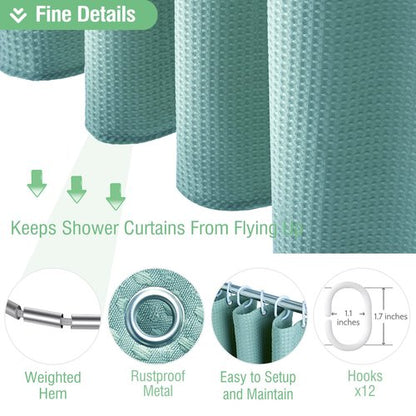 Dynamene Teal Fabric Shower Curtain for Bathroom - Waffle Weave Heavy Duty Cloth , 256GSM Hotel Luxury Weighted Polyester Bath Curtain Set with 12 Plastic Hooks,72x72, Teal/Turquoise