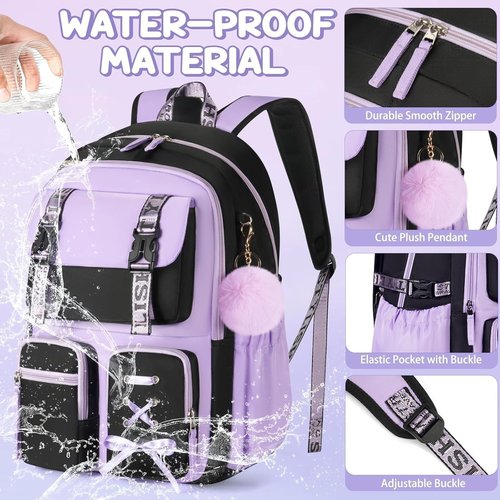 Fimibuke Girls Backpack Set - 3 PCS Waterproof with Lunch Box & Pencil Case | Perfect for School & Travel