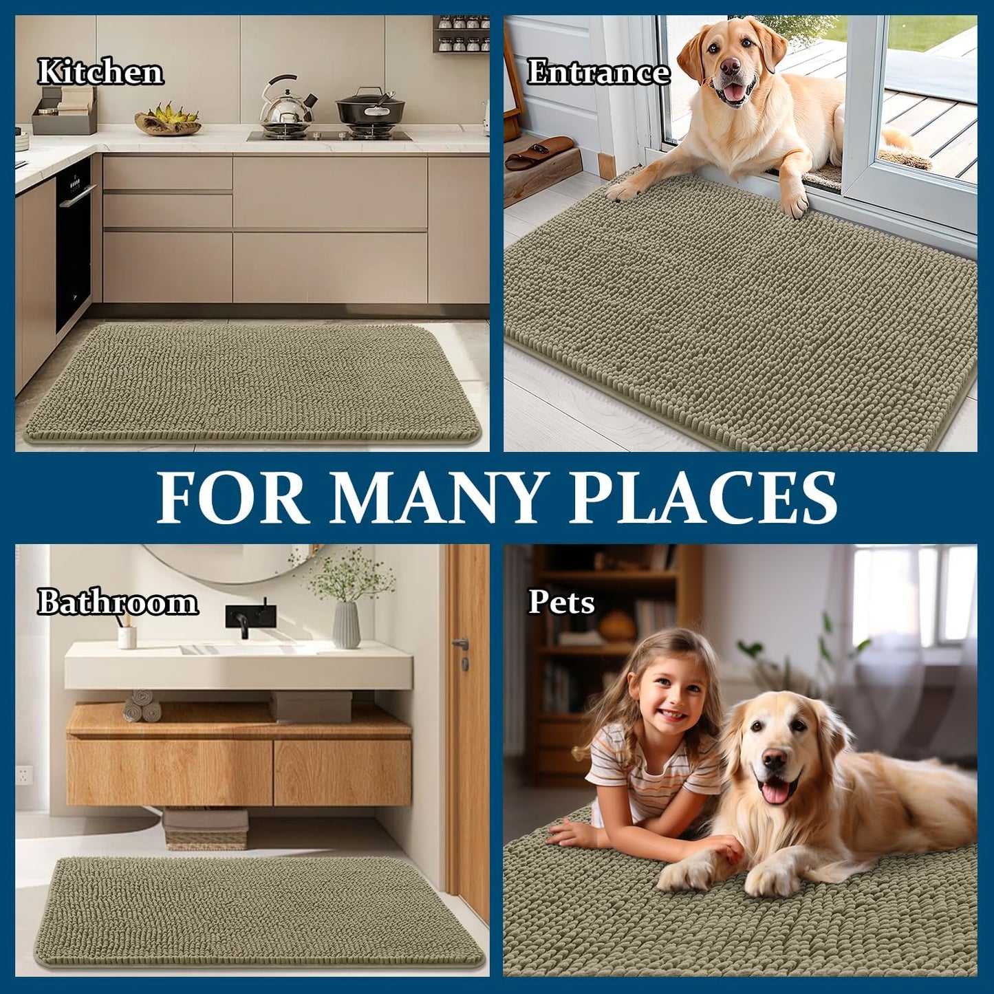 OLANLY Dog Door Mat - Absorbent Non-Slip Chenille Mat for Muddy Paws | 59x35 Warm Taupe