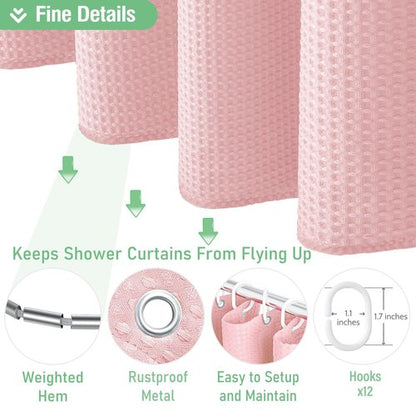 Dynamene Pink Fabric Shower Curtain - Waffle Weave Textured Heavy Duty Cloth Shower Curtains for Bathroom, 256GSM Hotel Luxury Weighted Bath Curtain Set with 12 Hooks,72x72, Pink