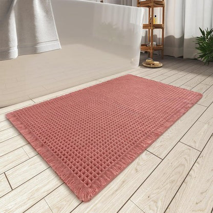 AMOAMI Upgraded Waffle Bath Mat, Super Absorbent Non Slip Bath Mats for Bathroom Floor, Machine Washable Bathroom Rugs with Tassels, Rubber Backed Bathroom Mats, Ultra Soft, 24" x 36", Coral