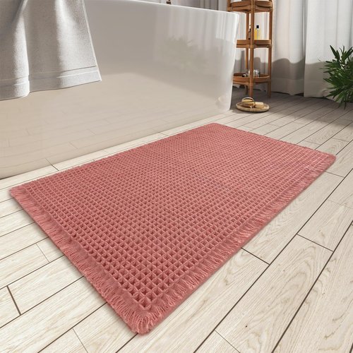 AMOAMI Upgraded Waffle Bath Mat, Super Absorbent Non Slip Bath Mats for Bathroom Floor, Machine Washable Bathroom Rugs with Tassels, Rubber Backed Bathroom Mats, Ultra Soft, 18" x 30", Coral