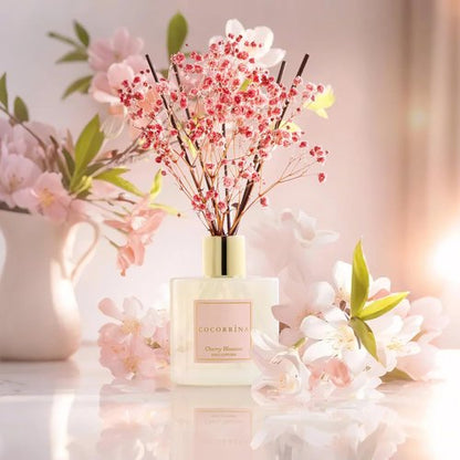 Cocorrína Reed Diffuser - Cherry Blossom 6.7 Fl. Oz Set with Sticks & Preserved Baby's Breath | Home Decor
