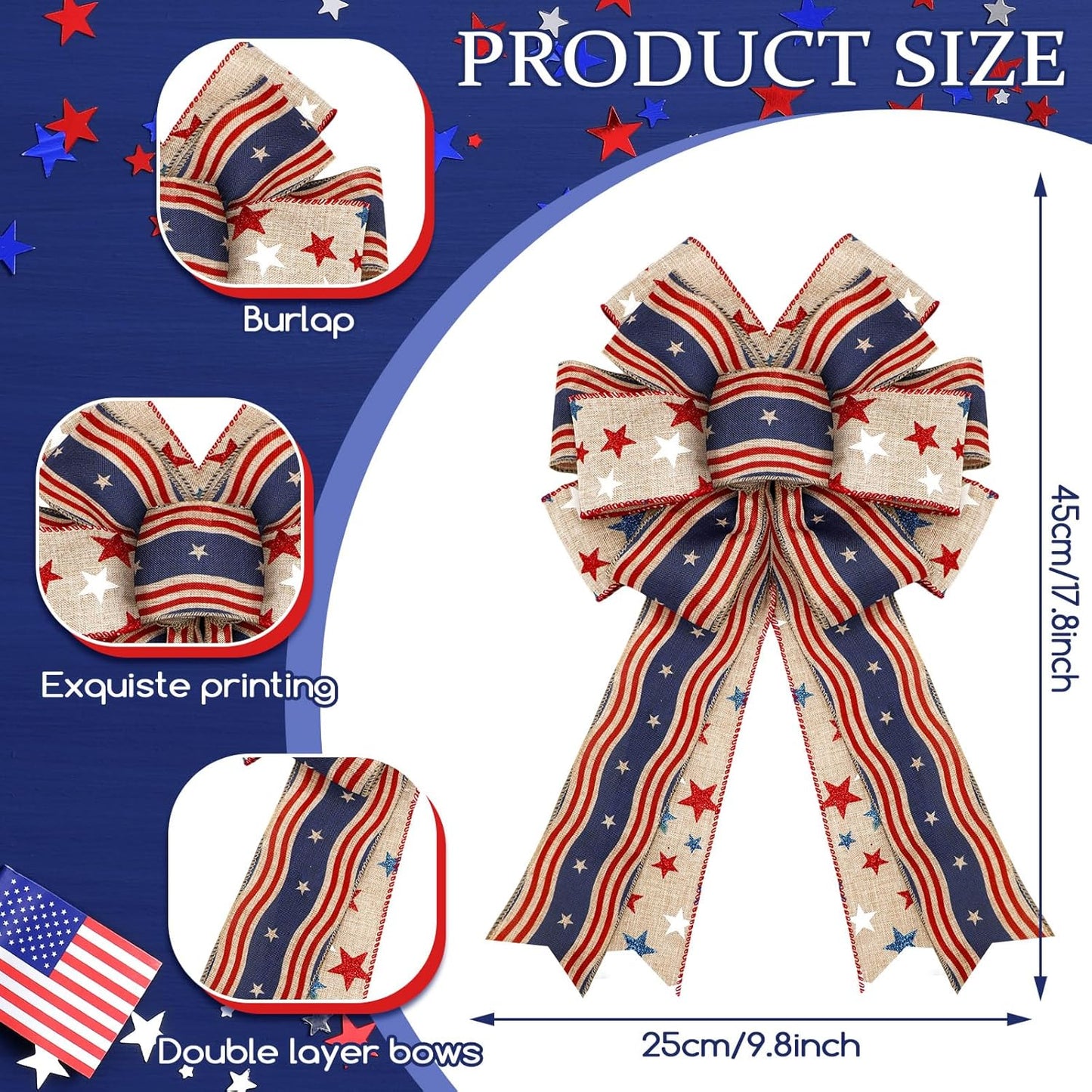 Moucuny Patriotic Burlap Bows - 4th of July Red, White & Blue Stars | Memorial Day Tree Topper & Wreath Decor