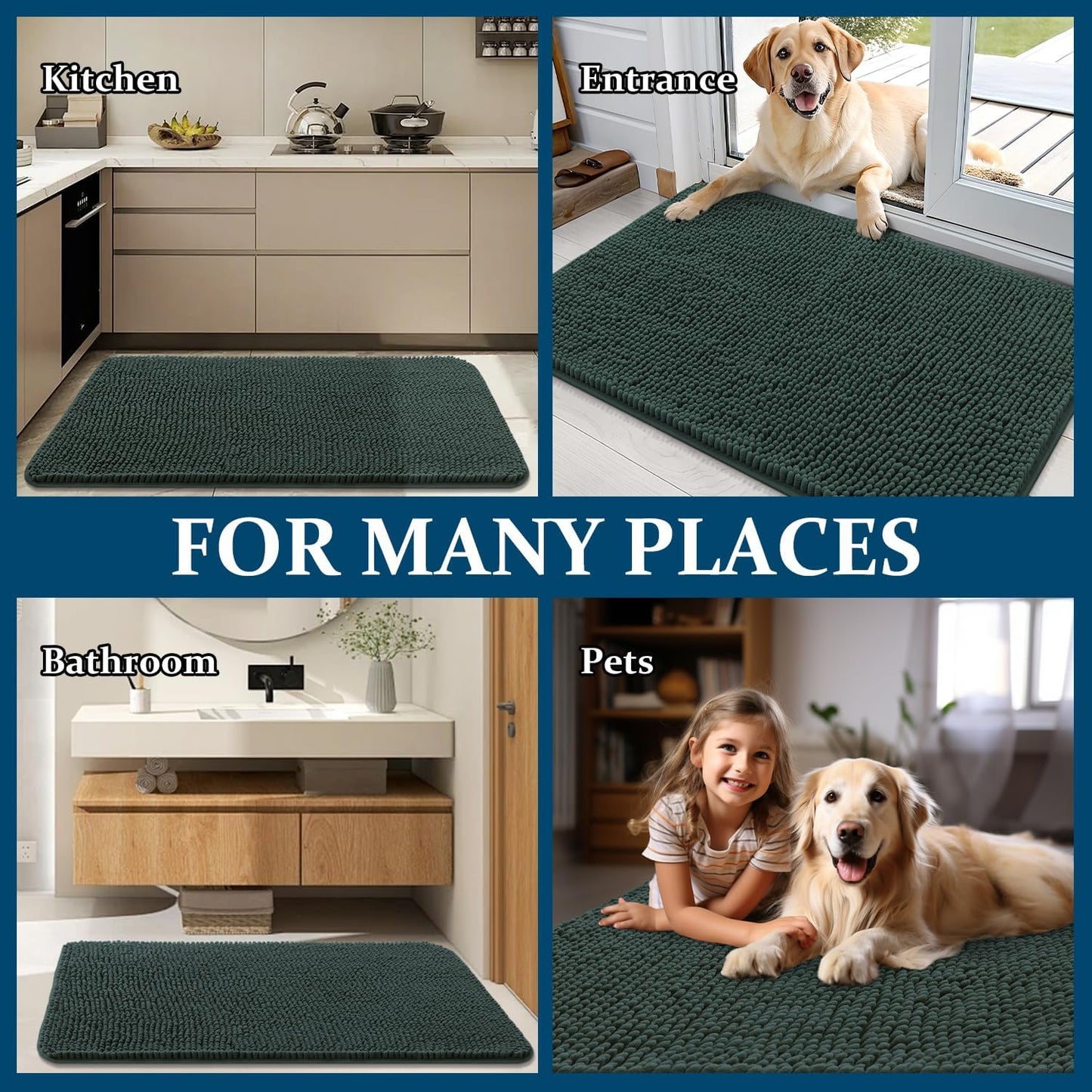 OLANLY Dog Door Mat - Absorbent Non-Slip Mud Mat for Indoor Use | 24x16, Quick Dry Chenille, Blackish Green