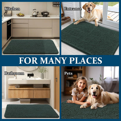 OLANLY Dog Door Mat - Absorbent Non-Slip Muddy Paws Mat | Quick Dry Chenille, 34x21, Blackish Green