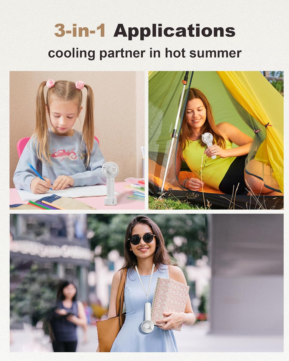 Skiennix Mini Handheld Fan - USB Rechargeable, 3-Speed Portable Design for Travel & Makeup - White