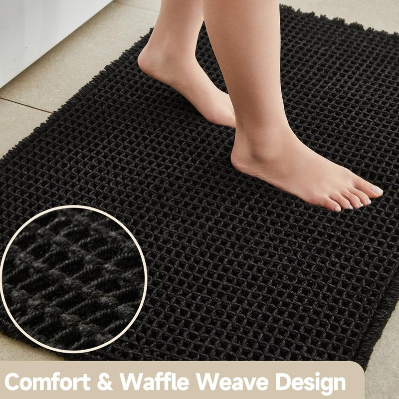 TYUU Black Long Bathroom Rug, Waffle Runner Rug Bathroom Non Slip Washable Super Absorbent Quick Dry Boho Farmhouse Bath Decor, 72"x24" Black