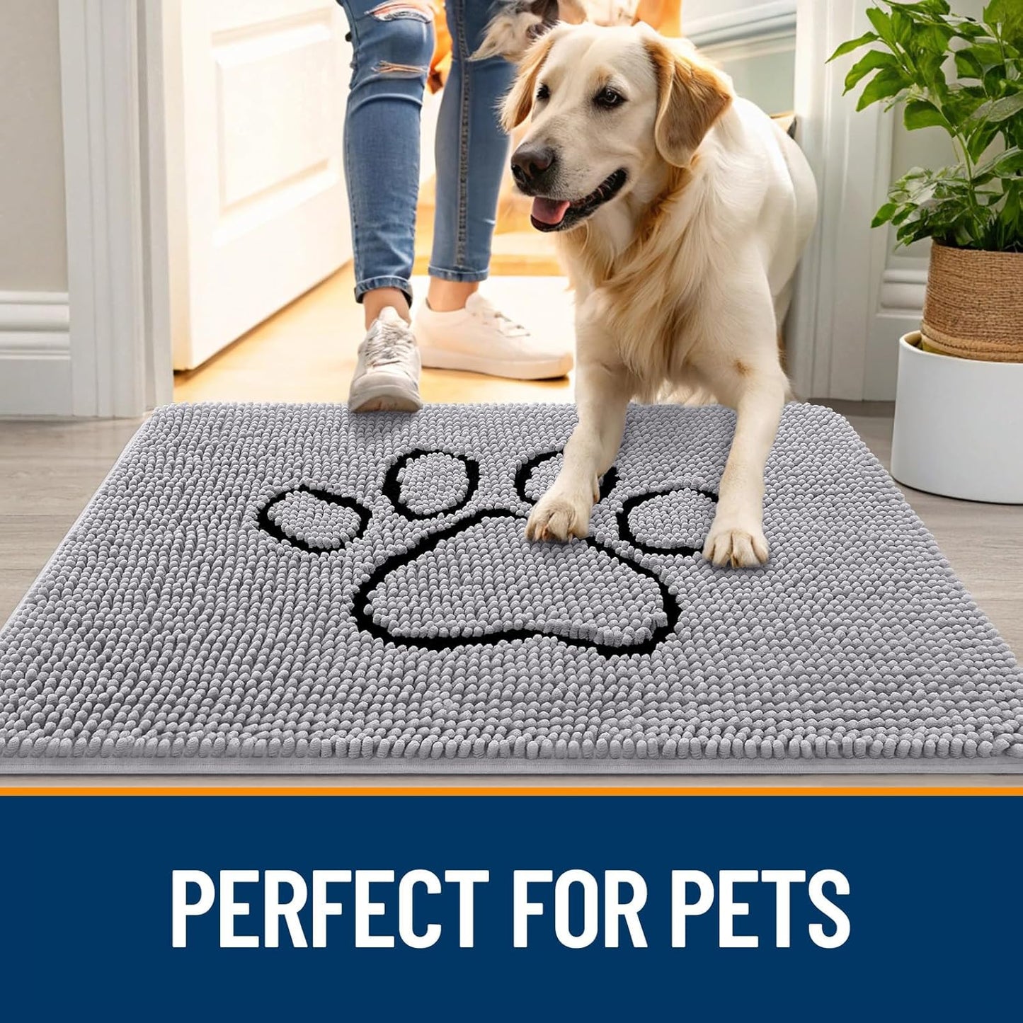 OLANLY Dog Door Mat - Absorbent Muddy Paws Doormat | Non-Slip Chenille, 36x24, Light Grey