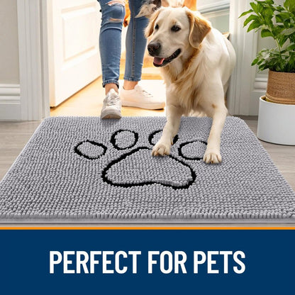 OLANLY Dog Door Mat for Muddy Paws 48x30, Paw Print Design, Absorbs Moisture and Dirt, Non-Slip Washable Doormat, Quick Dry Chenille Mud Mat for Dogs, Entry Indoor Entryway Carpet, Light Grey
