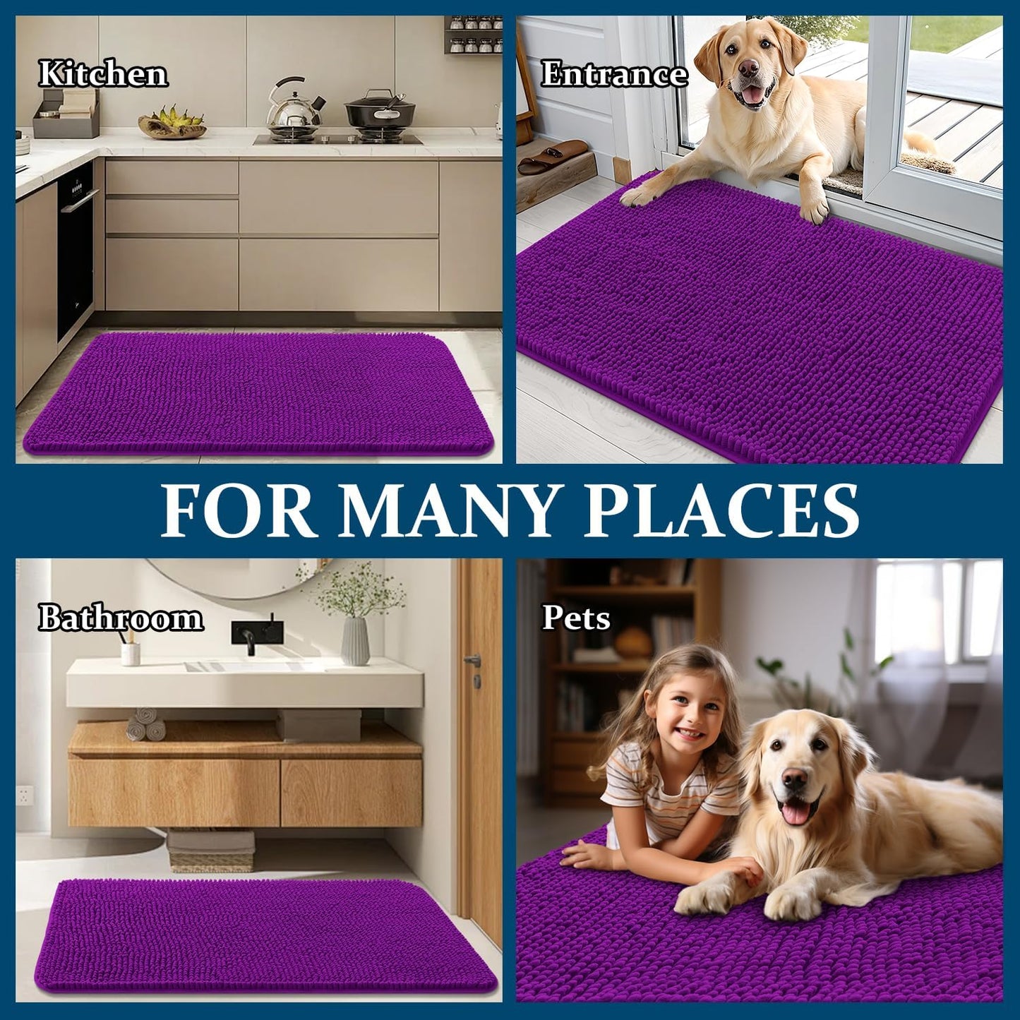 OLANLY Dog Door Mat - Absorbent Non-Slip Mud Mat for Indoor Use | Quick Dry Chenille, 70x32, Purple