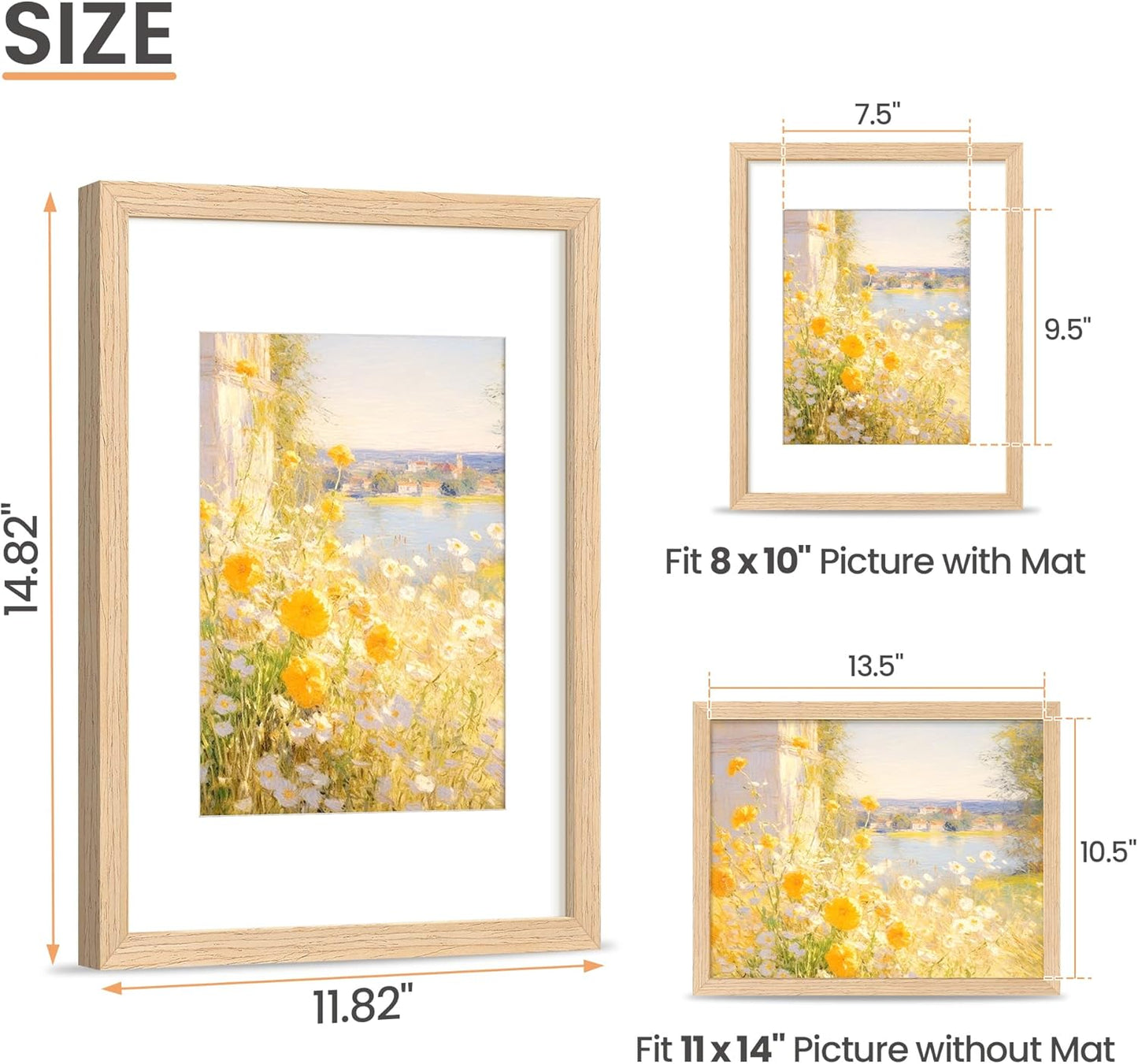 Upsimples 11x14 Picture Frame - Natural Solid Wood Frame for 8x10 or 11x14 Photos | Vertical/Horizontal Display