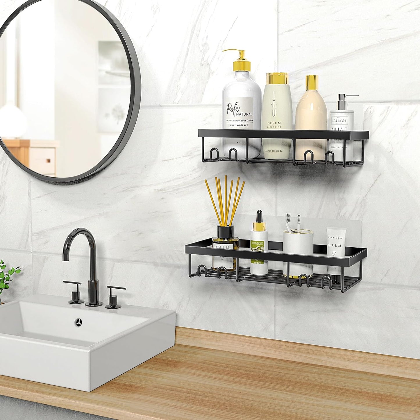 Moforoco Shower Caddy Organizer - Self-Adhesive Black Bathroom Shelf for Home & RV Storage