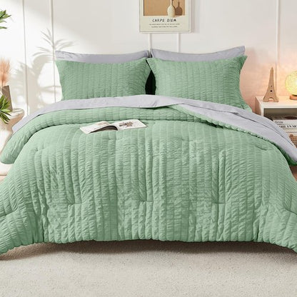 HYMOKEGE Sage Green/Light Grey King Size Comforter Set Seersucker 7 Pieces, All Season Luxury Bed in a Bag for Bedroom, Bedding Set with Comforter, Sheets, Pillowcases & Shams