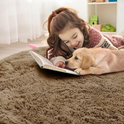 OLANLY Round Taupe Area Rug - Soft & Fluffy 6 ft Machine Washable Carpet for Bedroom & Living Room Decor