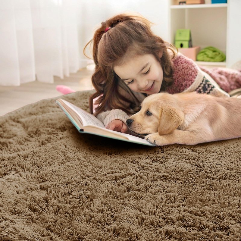 OLANLY Taupe Round Rugs for Bedroom - Machine Washable, 7 ft Circle Area Rugs for Living Room, Soft and Fluffy Shaggy Carpet for Teen Girl and Boys, Nursery Rooms, Dorms, Home Decor Aesthetic