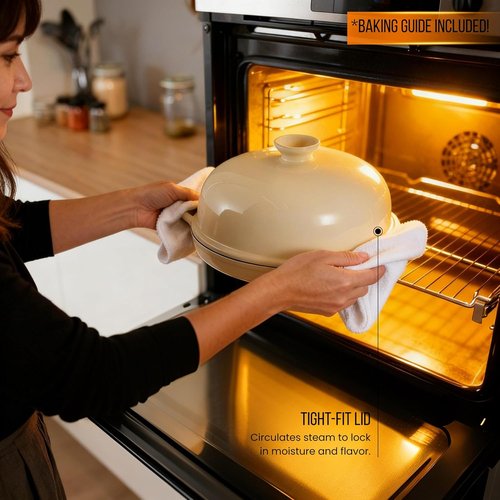 Kook Enameled Cast Iron Bread Oven - Versatile Baking Pan with Ceramic Lid & Handles | Ivory Color