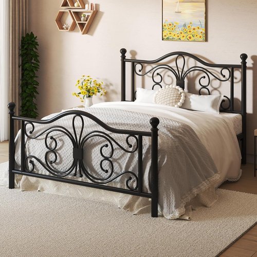 LOEWAY Queen Size Metal Bed Frame - Stylish Butterfly Pattern Headboard, No Box Spring Needed, Easy Assembly, Black