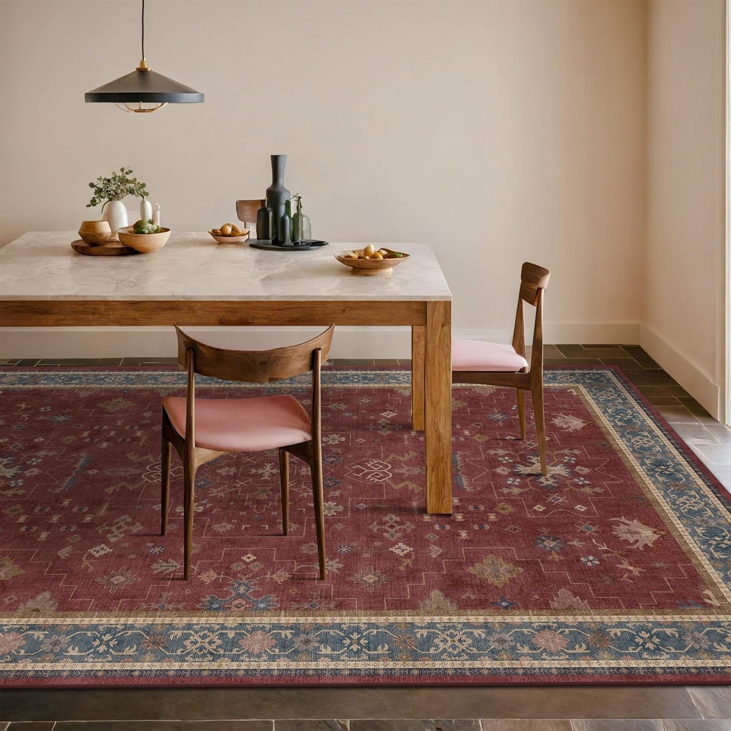 Vintage Burgundy Boho Dining Room Rug - Lightweight Washable 6x9 Low Pile Carpet | Southwestern Aesthetic