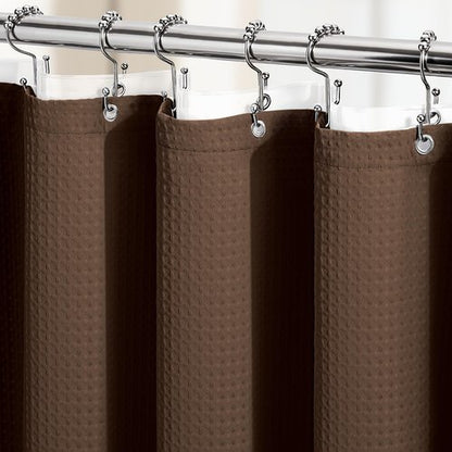 Dynamene Stall Shower Curtain and Liner Set - 36 x 72 inch Half Waffle Fabric, Narrow Waterproof Clear Liner, Heavy Duty Weighted Hotel Luxury Cloth Shower Curtains for Bathroom with 6 Hooks, Brown