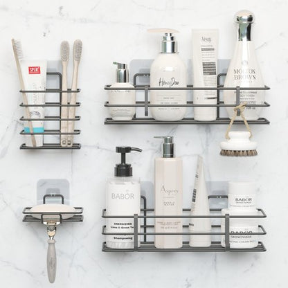 Dekula Adhesive Shower Caddy 4 Pack, Shower Shelves Organizer for Bathroom Storage, Rustproof Stainless Steel Bath Organizers, Kitchen, Adhesive or Screw, Soap Dish, Hooks, Wall Shelf