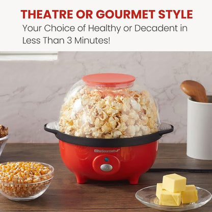 Elite Gourmet Automatic Stirring Popcorn Maker - 12-Cup Nonstick Ceramic Design, Red
