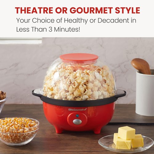 Elite Gourmet Automatic Stirring Popcorn Maker - 12-Cup Nonstick Ceramic Design, Red | Perfect for Home Parties