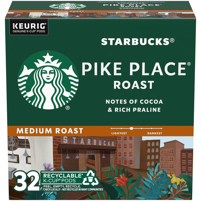 Starbucks K-Cup Coffee Pods, Medium Roast Hot or Iced Coffee, Pike Place Roast, 32 Keurig Pods