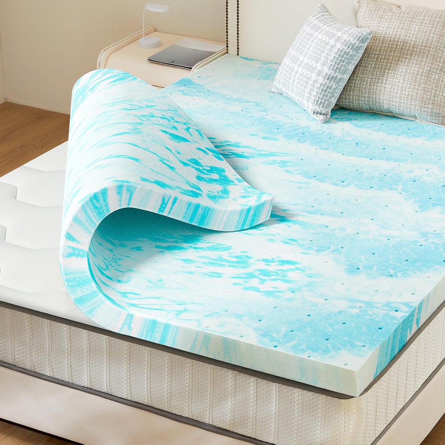 Sweetcrispy Mattress Topper - 2 Inch Thick Memory Foam Gel Infused Cooling Pad for Queen Size Bed | CertiPUR US Certified, Breathable Blue