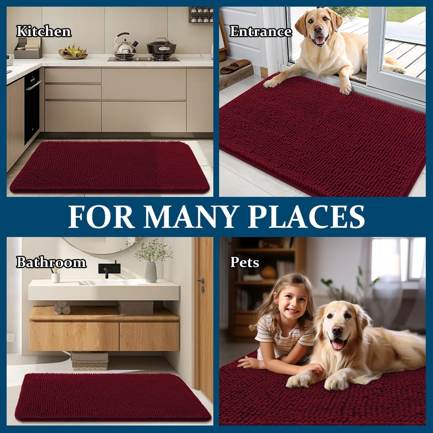 OLANLY Dog Door Mat - Absorbent Non-Slip Chenille Mat for Muddy Paws | 32x20, Burgundy, Quick Dry