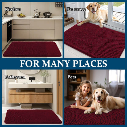 OLANLY Dog Door Mat - Absorbent Non-Slip Washable Chenille Mat for Muddy Paws | 47x20, Burgundy
