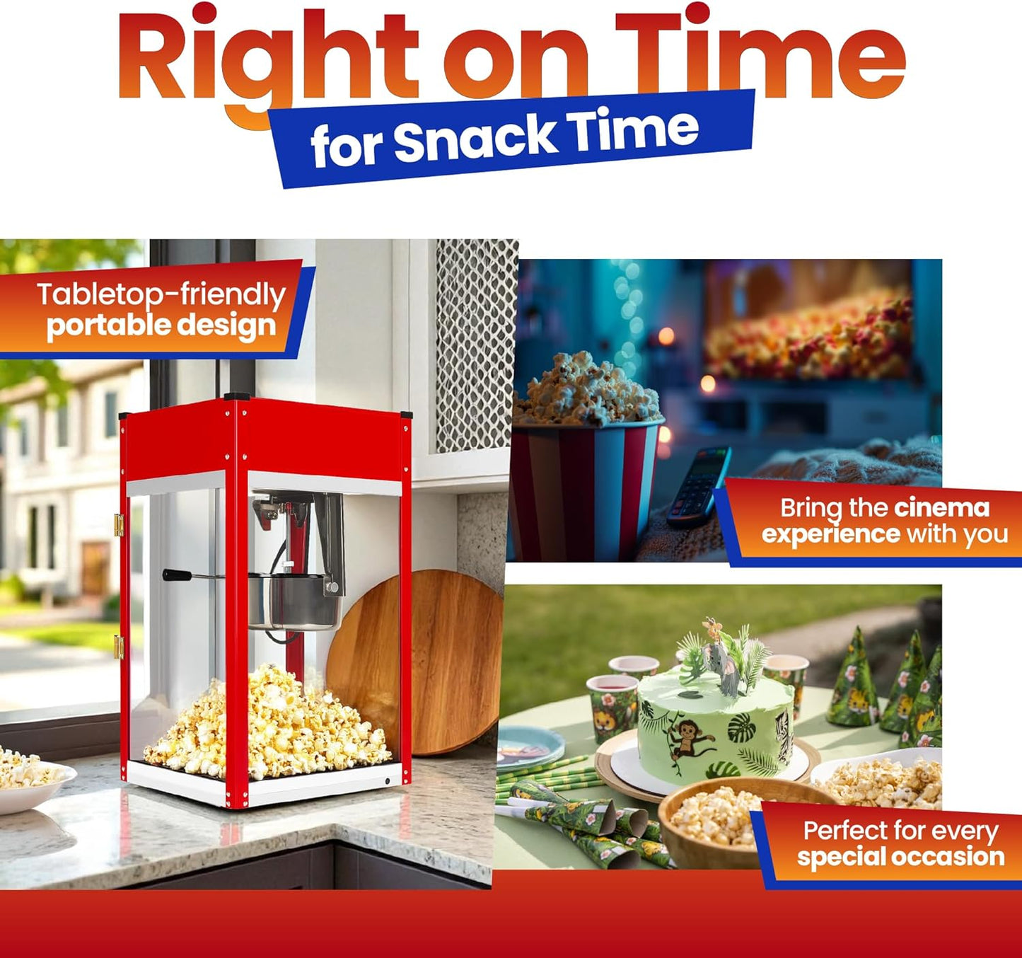 Popcorn Machine - Electric Popcorn Popper | Stainless Steel Kettle, Ready in 5 Minutes | 8 oz Capacity, Red