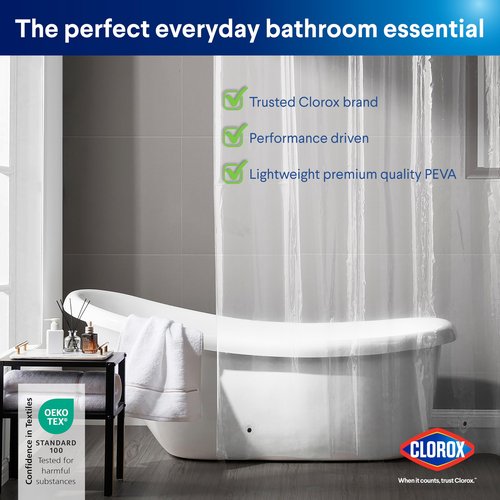 Clorox Shower Curtain Liner, Premium Lightweight Flexible Waterproof 3g PEVA for Bathroom with Weighted Magnets, Standard Size 70" x 72", Clear 1 Pack