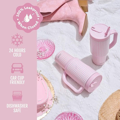 Ello Oasis 30 oz Tumbler - Insulated Stainless Steel Cup with Handle & Straw | 24-Hour Cold Retention, Pink Gingham