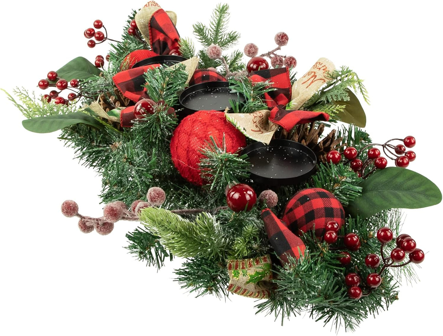 Northlight Pine Triple Candle Holder - Festive Bows & Plaid Ornaments | 30" Green Design