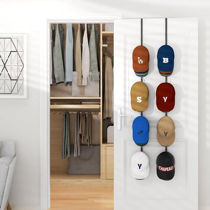 HapiRm Over Door Hat Rack - 8 Hook Organizer for 40 Caps | Stylish Black Storage Solution