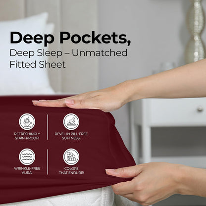 Utopia Bedding Fitted Sheet - Deep Pocket Soft Microfiber - Shrinkage & Fade Resistant | Red Burgundy