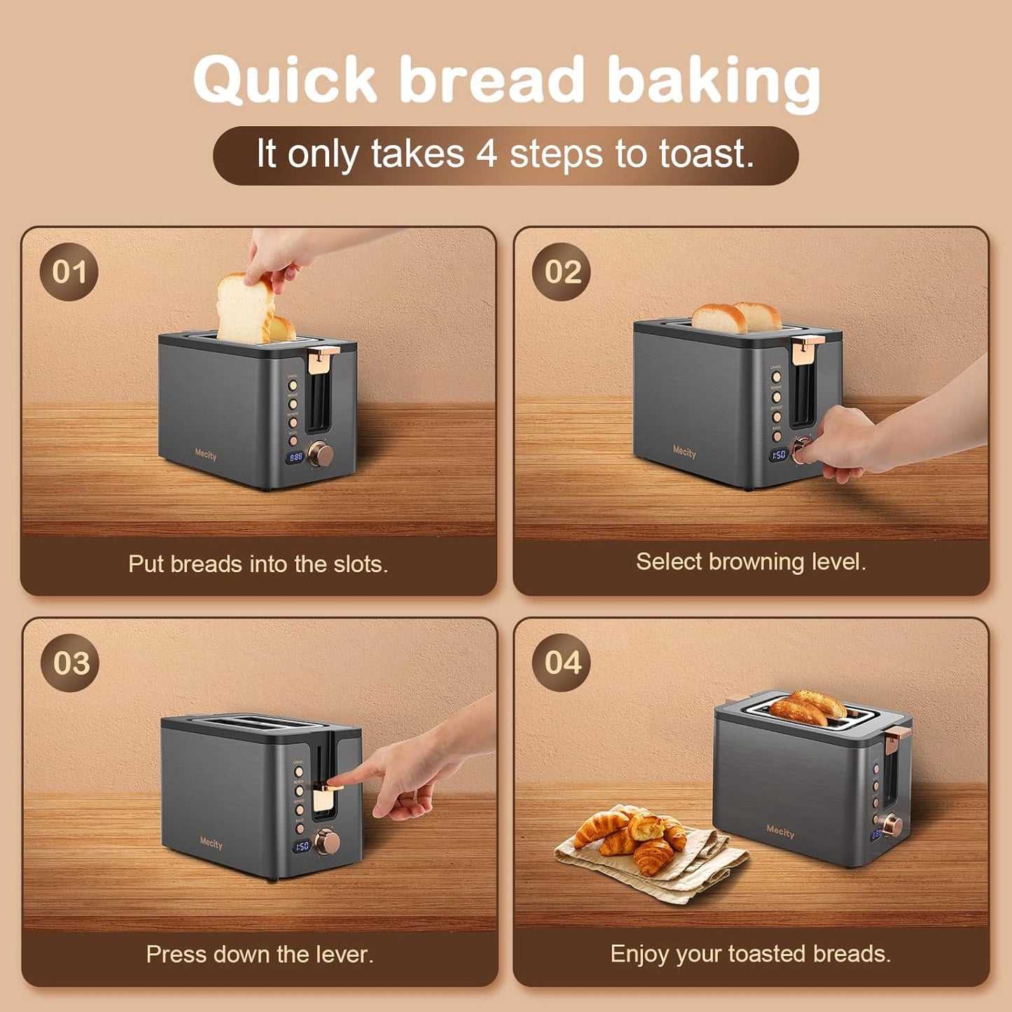Mecity 2-Slice Stainless Steel Toaster - Extra Wide Slots, 6 Browning Settings, Timer & Functions | Grey