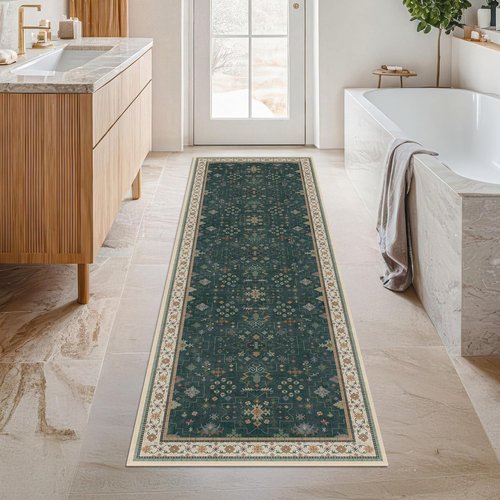 Hazo Haus Dark Green Kitchen Runner Rug - Modern Vintage Boho Floral Pattern, 2x8 ft Non-Slip, Washable
