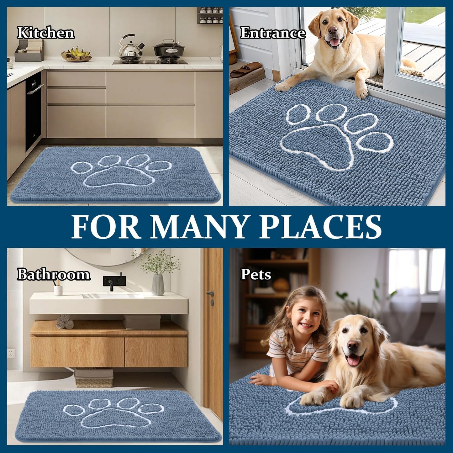 OLANLY Dog Door Mat - Absorbent Muddy Paws Doormat | Non-Slip, Quick Dry Chenille, 32x20, Airy Blue & White
