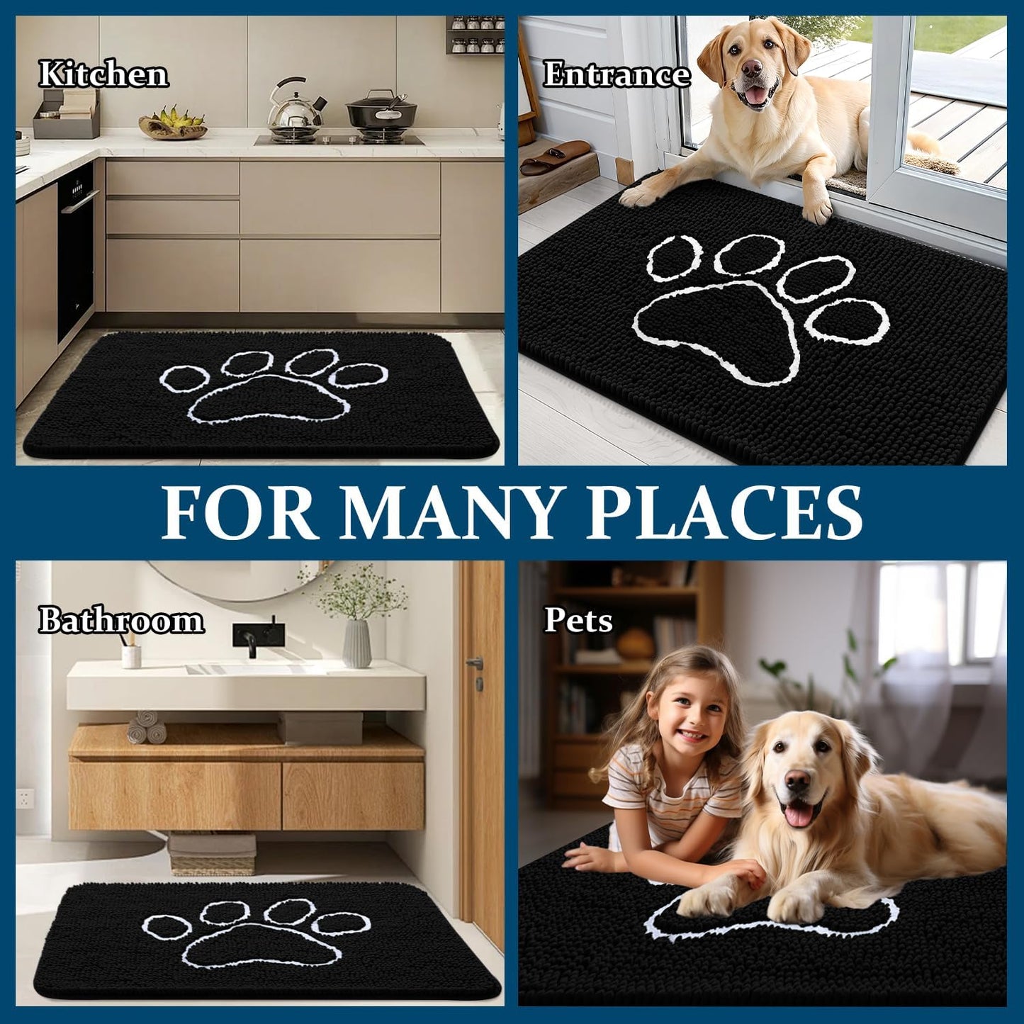 OLANLY Dog Door Mat - Absorbent Non-Slip Mud Mat for Paws | Quick Dry Chenille, 70x46, Black