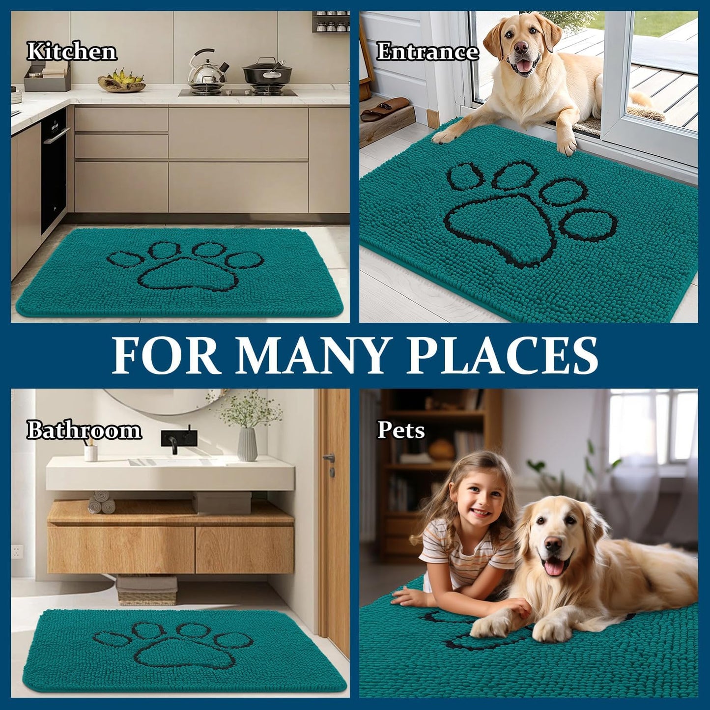 OLANLY Dog Door Mat - Absorbent Non-Slip Mud Mat for Paws | 48x30, Quick Dry Chenille, Lake Blue