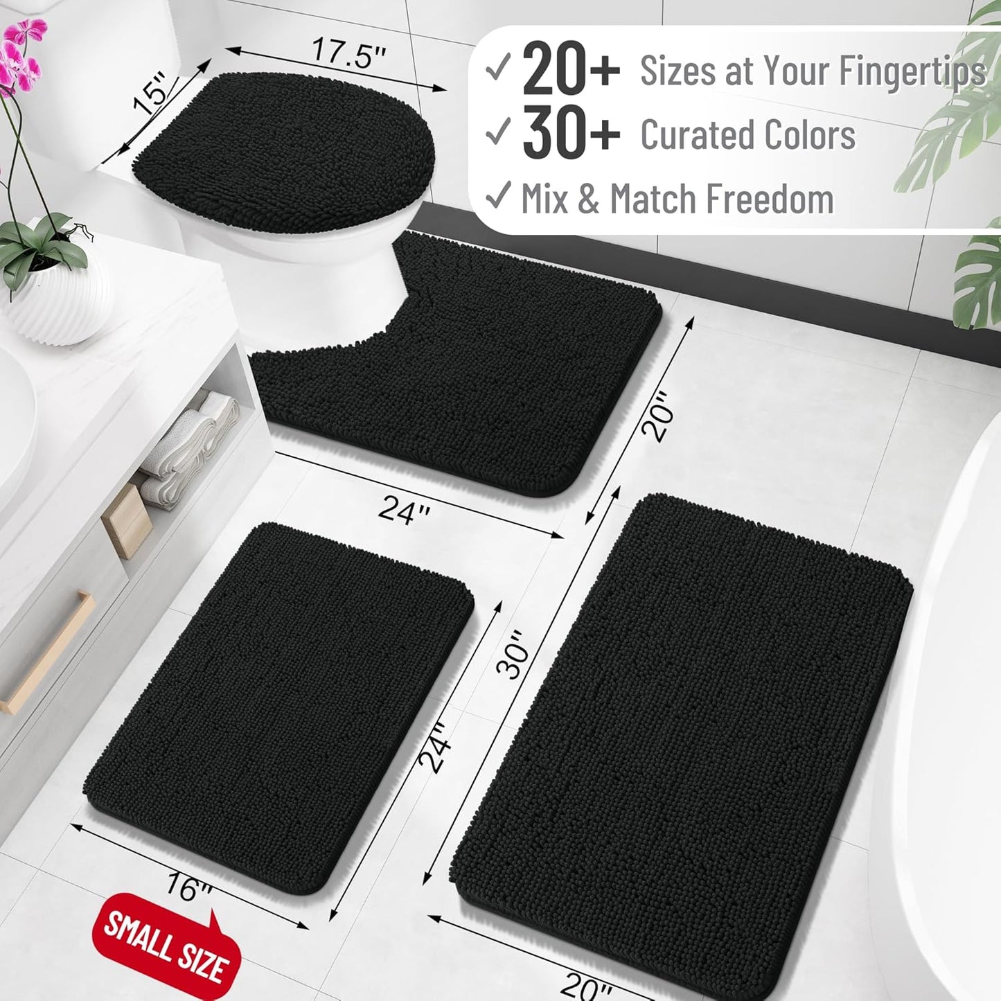 OLANLY U-Shaped Toilet Rugs - Extra Soft, Absorbent Chenille Bath Mat | 24x24, Quick-Dry, Non-Slip, Black