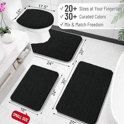 OLANLY U-Shaped Toilet Rugs - Extra Soft, Absorbent Chenille Bath Mat | 24x24, Quick-Dry, Non-Slip, Black