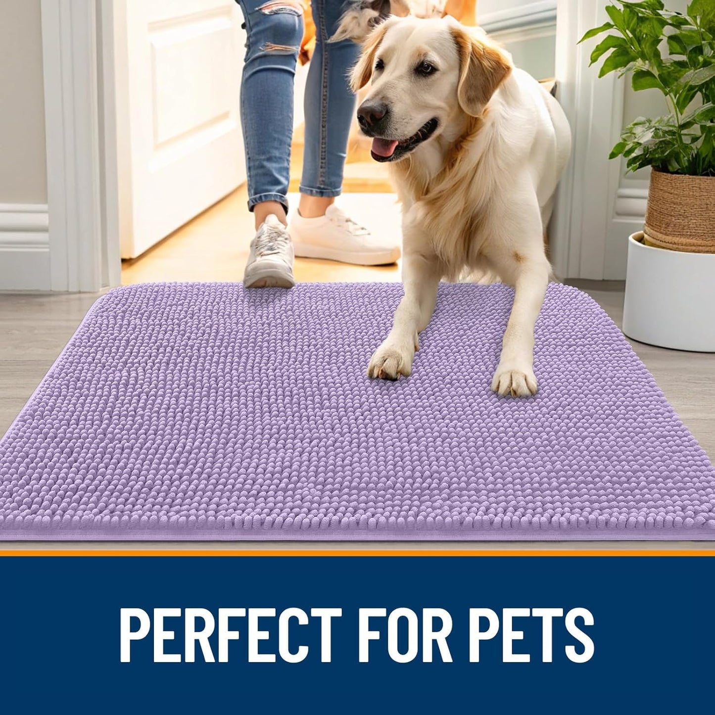 OLANLY Dog Door Mat - Absorbent Non-Slip Chenille Mat for Muddy Paws | 47x32, Quick Dry Lavender