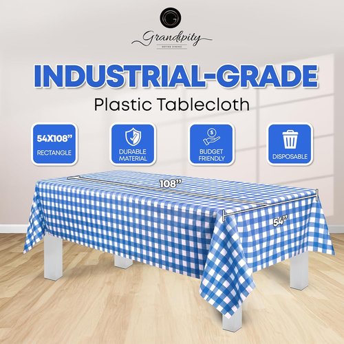 Grandipity Disposable Blue Gingham Checkered Table Cloths - Premium 54in x 108in for Rectangle Tables (6 Pk)