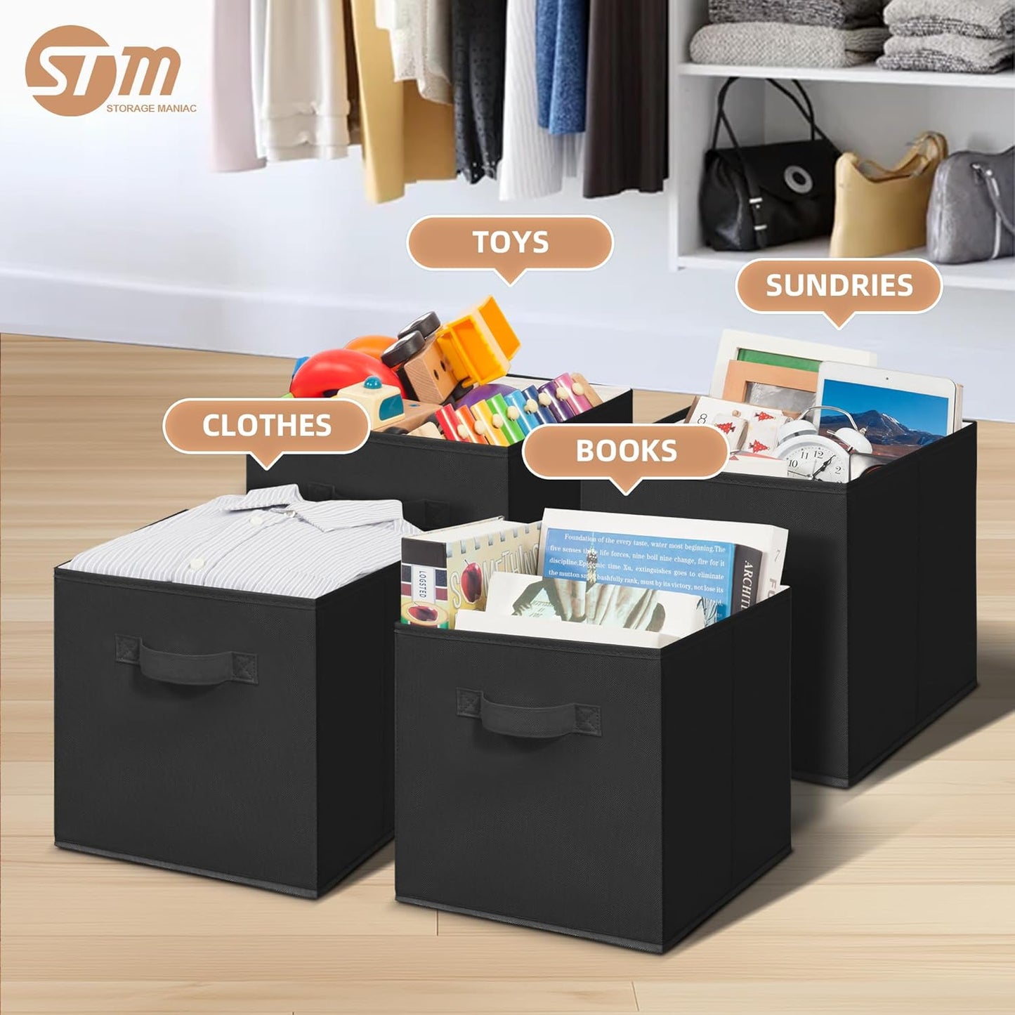 Storage Maniac Storage Cubes - 11-Inch Durable Fabric Bins | 6-Pack Foldable Organizers in Black