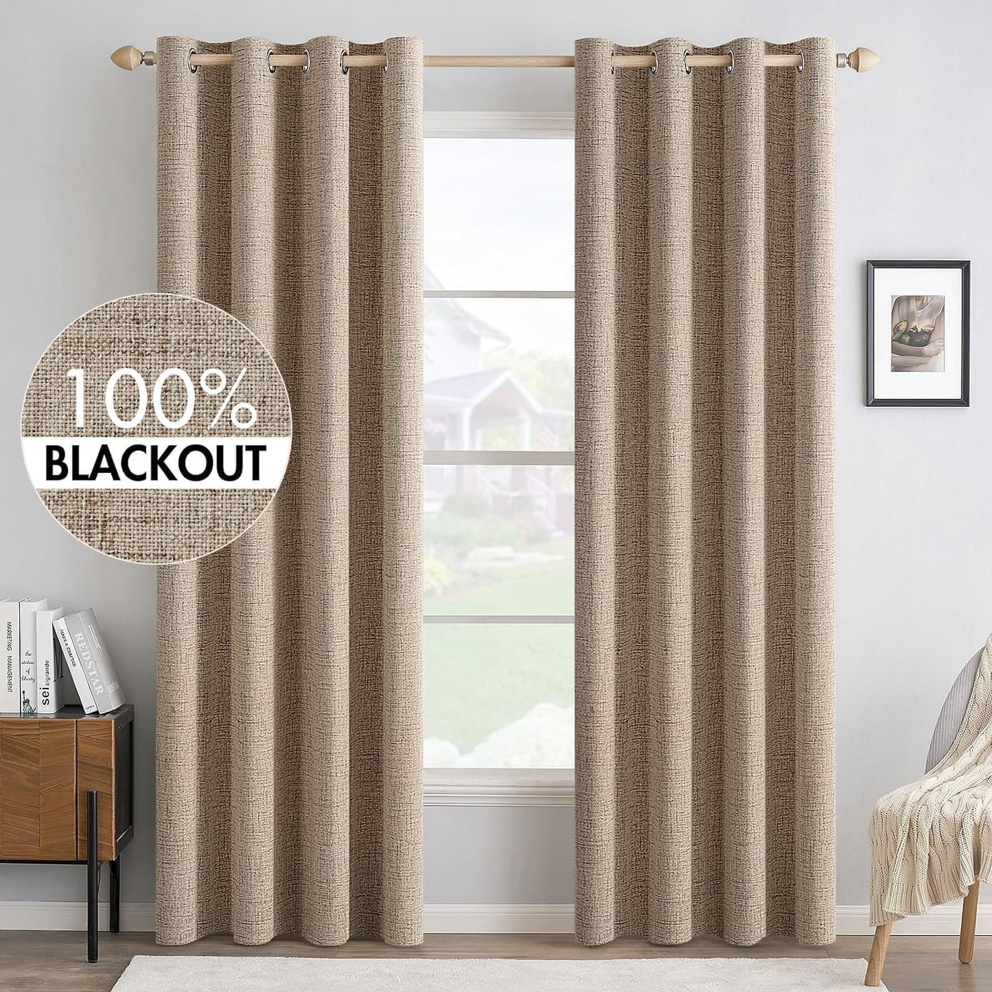 MIULEE Blackout Linen Textured Curtains - Thermal Insulated Copper Brown Drapes | 52 x 108 Inch (2 Panels)